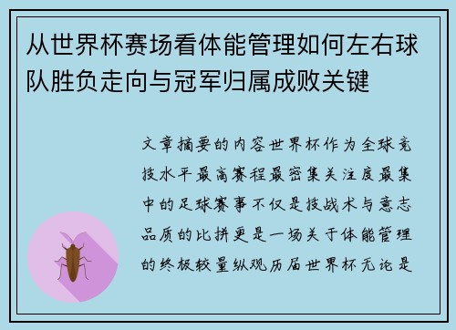 从世界杯赛场看体能管理如何左右球队胜负走向与冠军归属成败关键 从世界杯赛场看体能管理如何左右球队胜负走向与冠军归属成败关键